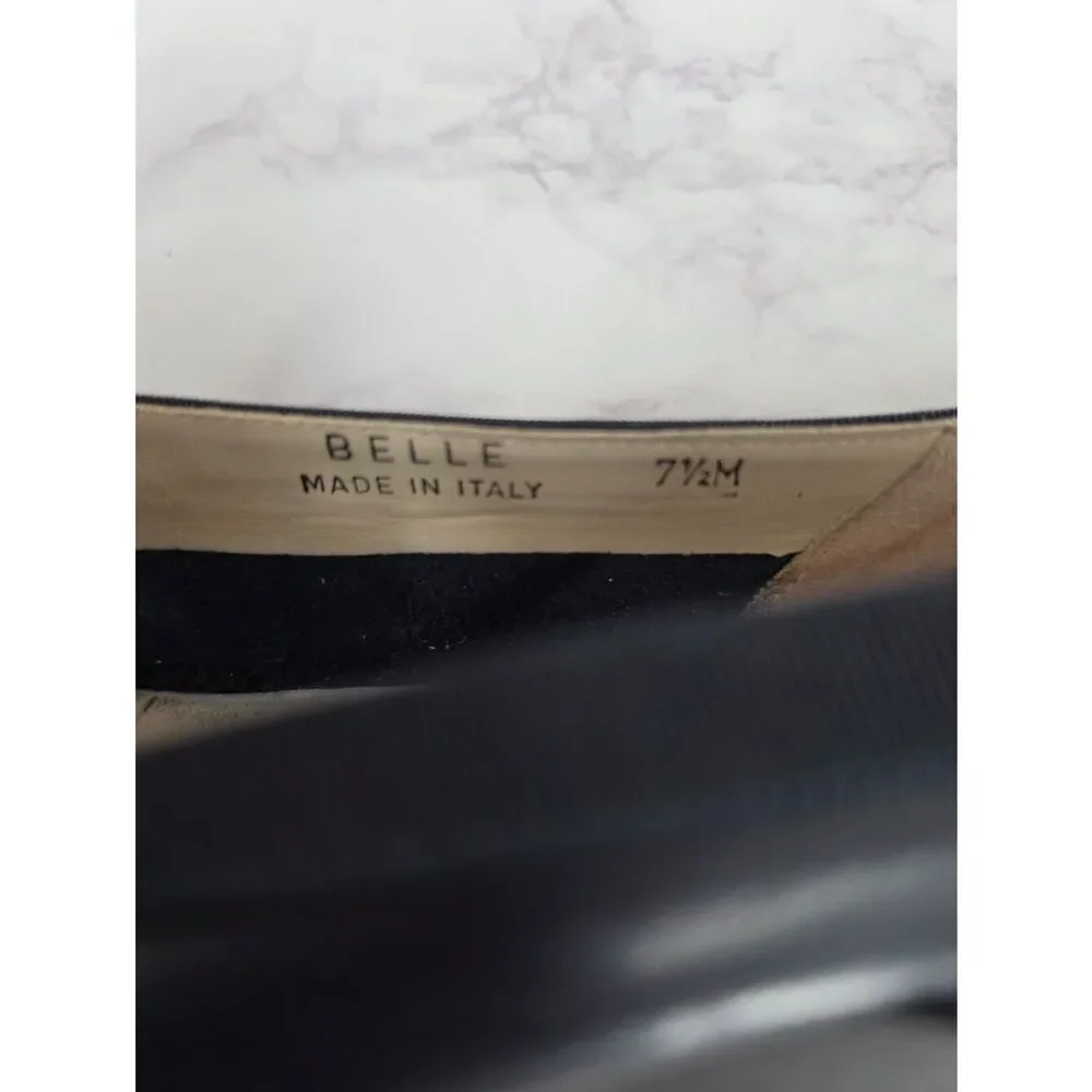 Bally Belle Leather Navy Blue Gold Tone Bow-Accent Women's Low Wedge Ballet Flat - Picture 9 of 14